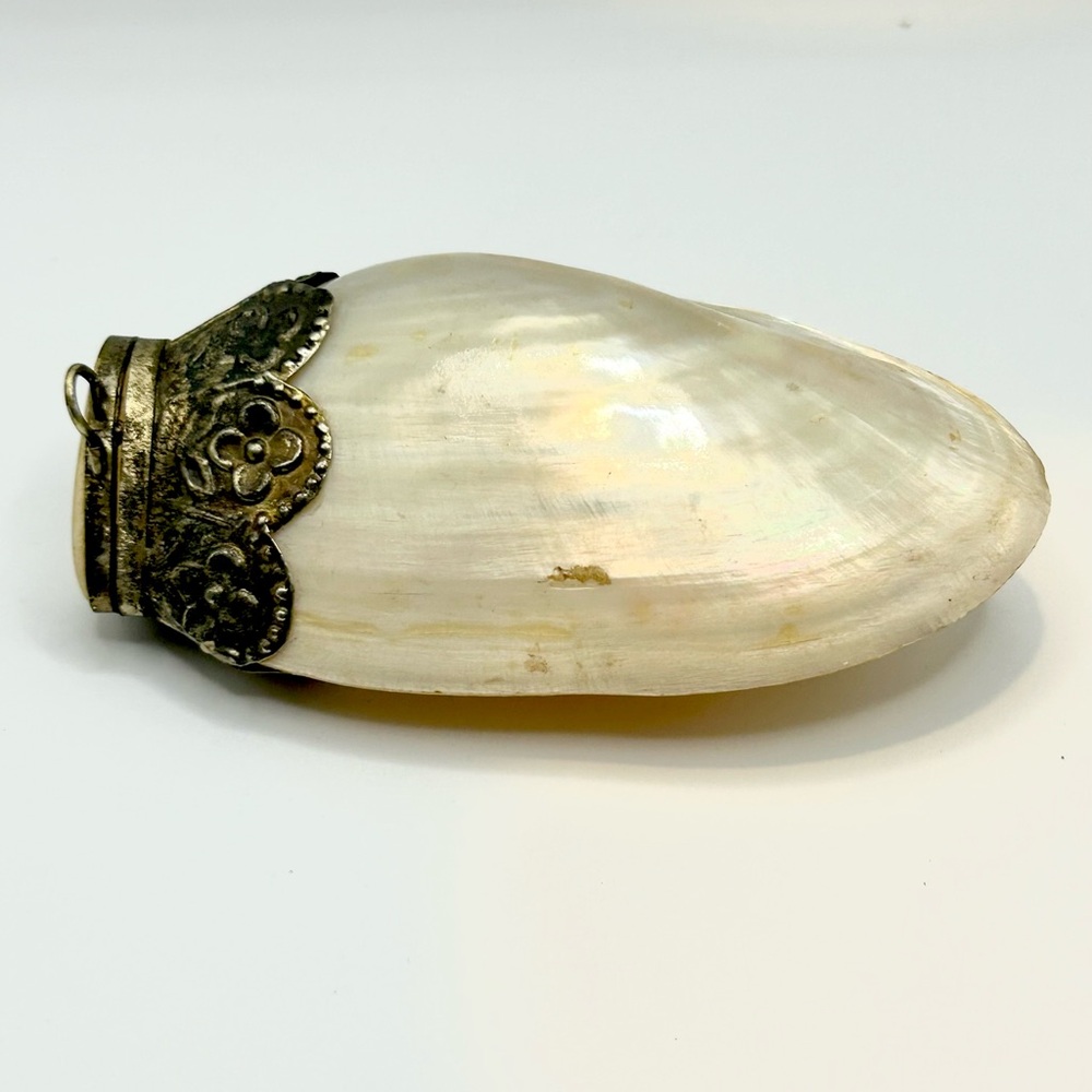 Vintage Mother of Pearl Shell Pendant w/ Ornate Metal Cap